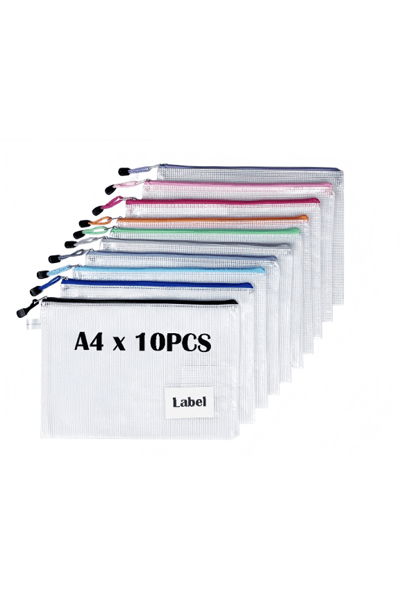 10 Pcs A4 Plastic Wallets Mesh Zipper Pouch with Label Pocket, TRANBO Zip Lock Document Folder File Storage Bags for Office, School, Travel - Assorted Colours