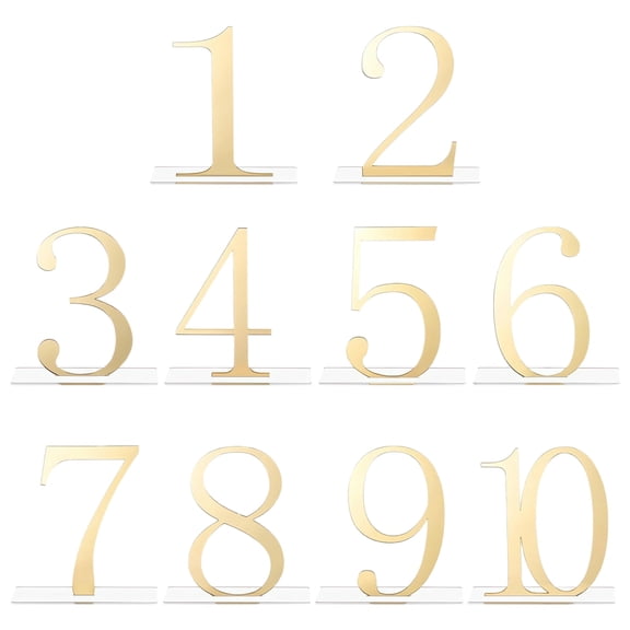 10 Pcs Gold Acrylic Mirror Wedding Table Numbers 1-10 with Transparent Base for Elegant Reception Party Anniversary Decor