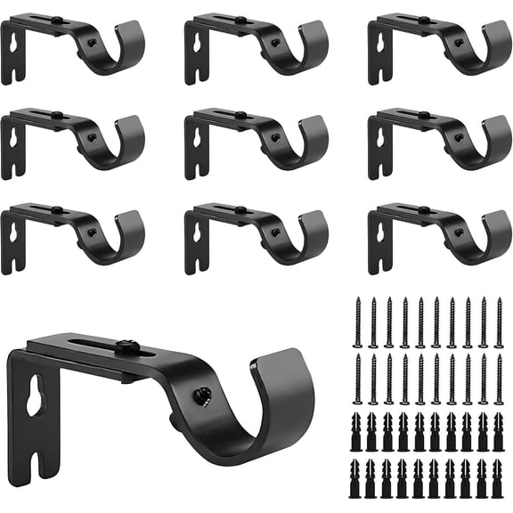 10 Pcs Adjustable Curtain Rods Brackets,Drapery Rod Holders Hooks for 1 Inch Window Rod, Wall Mount Hangers Bracket with Screws & Anchor,Black