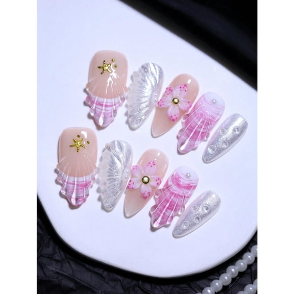 10 Pcs Almond Handmade 3D Manual Nails Flower Water Pipple Shell French Style Nail Art
