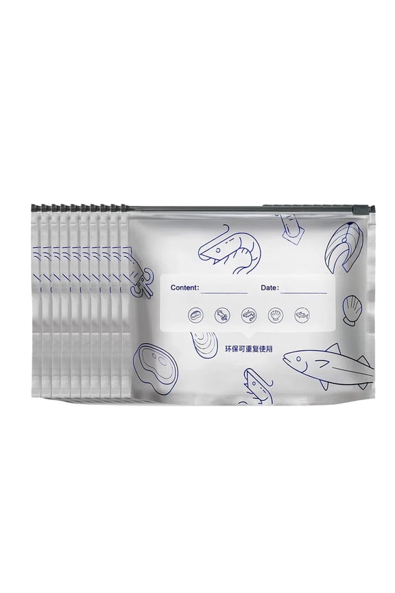 10 Pcs Aluminum foil Freezer Bags, Reusable Food Storage and Preservation Slider Bags, with Label Space, Seafood Pattern Design, Sealed Bag for Vegetable Fruit Meat (M)
