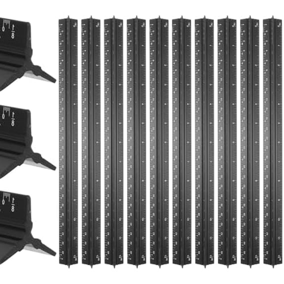 10 Pcs Architectural Scale Ruler 12" Imperial Architect Engineers Scale Triangular Ruler Aluminum Alloy Metal Triangle Drafting Rulers Measuring Tools for Architect Engineer Draftsman Artists (Black)