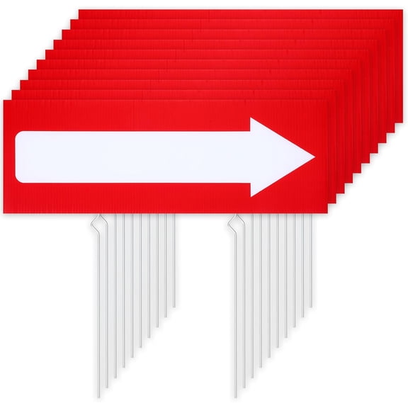 10 Pcs Arrow Yard Sign, 17 x 6 Inch Double Sided This Way Decor Red Corrugated Blank Yards Signs With Stakes, Yard Sign Stakes for Outdoor Lawn Garden Party Wedding Birthday Decorations