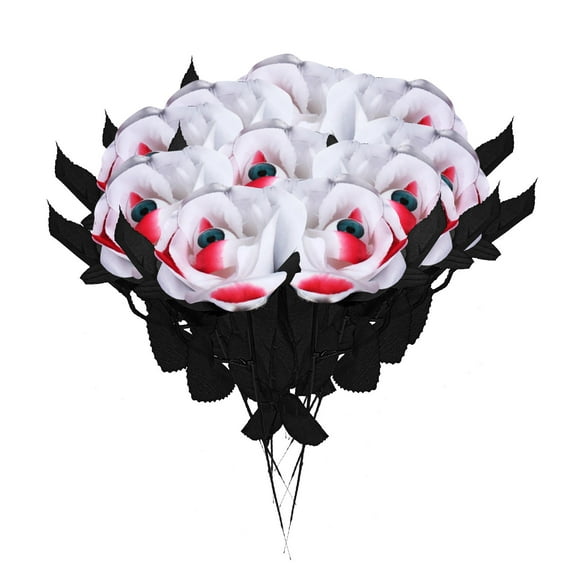 10 Pcs Artificial Bloody Roses with Eyeball Flower Bouquet Faux Pink Roses Bundles 15" Fake Realistic Rosa for Flowers Arrangements Halloween Parties Home Decor