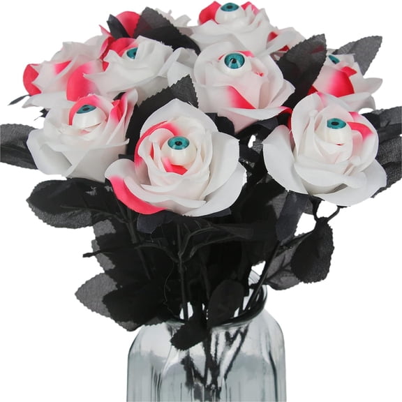 10 Pcs Artificial Bloody Roses with Eyeball Flower Bouquet Faux White and Red Roses Bundles 16" Fake Realistic Roses for Flowers Arrangements Halloween Parties Home Decor (10, Maroon)