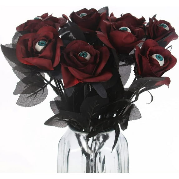 10 Pcs Artificial Bloody Roses with Eyeball Flower Bouquet Faux White and Red Roses Bundles 16" Fake Realistic Roses for Flowers Arrangements Halloween Parties Home Decor (10, Maroon)