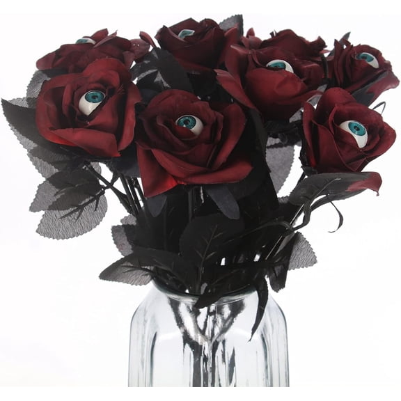 10 Pcs Artificial Bloody Roses with Eyeball Flower Bouquet Faux White and Red Roses Bundles 16" Fake Realistic Roses for Flowers Arrangements Halloween Parties Home Decor (10, Maroon)