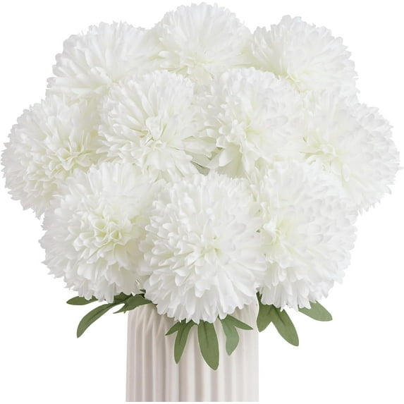 10 Pcs Artificial Chrysanthemum Ball Flowers, Large Silk Fake Mums Bouquet for Wedding, Artificial Flowers for Outdoors Indoor Floral Home Decor, Spring Easter Table Centerpiece(White)
