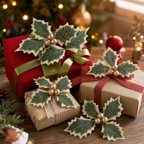 10 Pcs Artificial Holly Berries, 5.12 inch Faux Berries Holly Leaves, Fake Berries with Green Leaves Christmas Tree Wreath Decor and Gift Box Warp