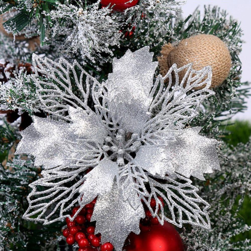 Greentime 16-Pc Glitter Poinsettia Flowers – 6in Artificial Light Red Christmas Decor With Clips & Stems For Tree, Wreath, Party - View #3