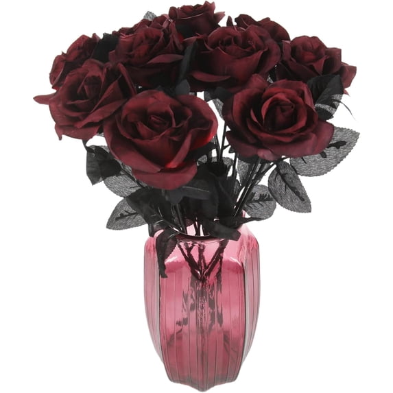 10 Pcs Artificial Roses Bouquet Faux Black Roses Bundles Fake Rose Flowers Realistic Flowers Arrangements Halloween Decor (Black, 10)