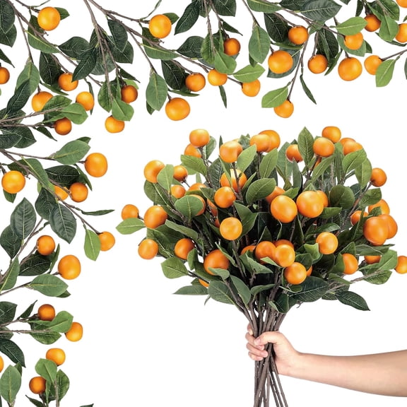 10 Pcs Artificial Tangerine Branches 25 Inch Realistic Faux Oranges Fruit with Green Leaves Simulation Orange Branch Decorative Kumquat Tangerine for Vase Home Party Decoration (6 Oranges)
