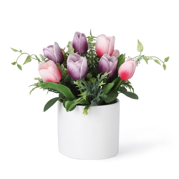 10 Pcs Artificial Tulips in Ceramic Vase, Faux Tulip Flower Arrangement, Potted Tabletop Fake Plants in Ceramic Planter, Elegant Spring Decor for Easter, Spring, Wedding Bouquet (Purple & Pink)
