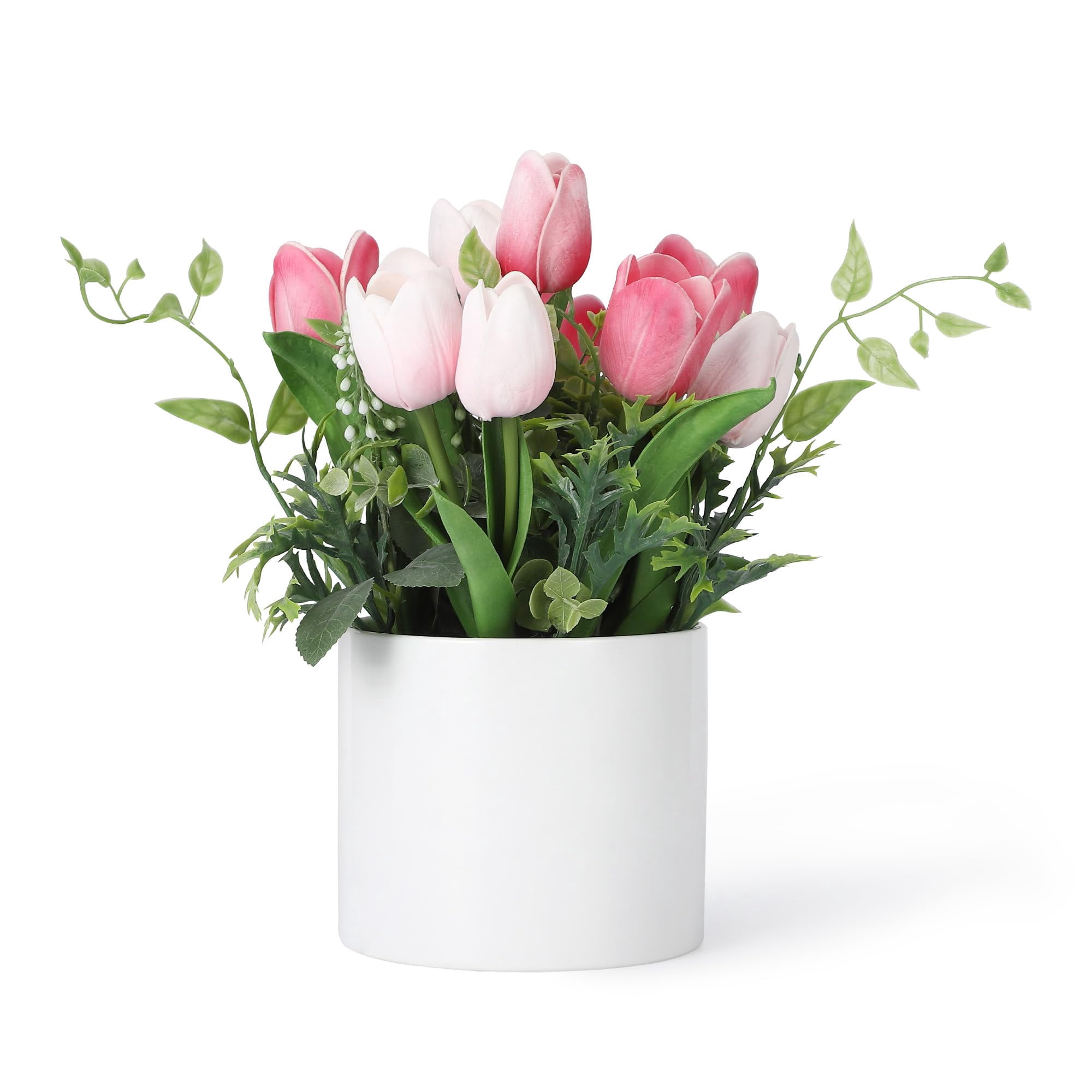 10 Pcs Artificial Tulips Flowers with Ceramic Pot, UV Protected PU Fake Floral Arrangement for Home Office Table Centerpiece, Mother's Day & Spring Decor,