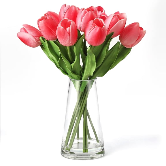10 Pcs Artificial Tulips with Glass Vase, Real Touch PU Fake Tulip Stems for Easter, Spring, Wedding Bouquet, Home Centerpiece Floral Arrangement, and Table Décor (Magenta Red)