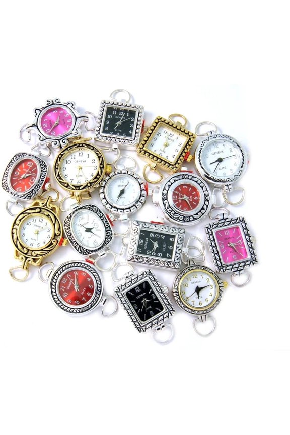 Geneva Elite 10-Piece Assorted Beading Watch Faces, Quartz Watch Faces with Battery & Side Loops Included, Silver-Tone Interchangeable DIY Jewelry & Bracelet Making Components