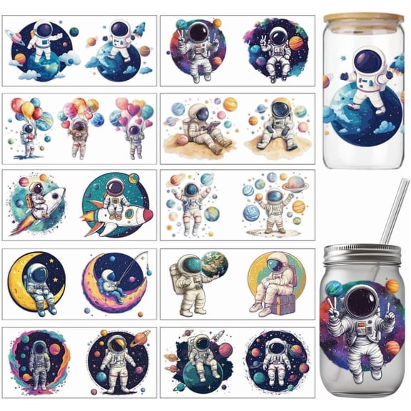 10 Pcs Astronaut Planet Pattern PVC Cup Transfer Stickers Colorful Moon Earth Balloon UV Waterproof Cup Sticker Kit for 16 oz Glasses Window Home Decoration Colorful