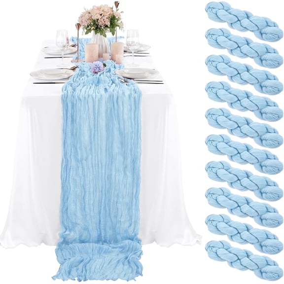 10 Pcs Baby Blue Cheesecloth Table Runner 5.91FT, Gauze Table Runner for Wedding Reception Sheer Bridal Shower Birthday Party Boho Table Decoration, Rustic Romantic Wedding Runner