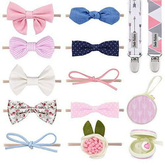 10 Pcs Baby Girl headband by Dodo Babies + 2 Pacifier Clips + Pacifier Case Baby Girl Bows for Girls Shower/Registry Gift