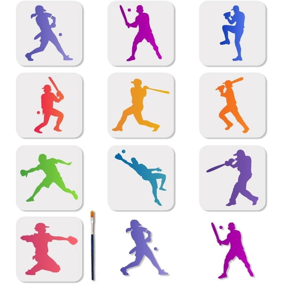 10 Pcs Baseball Stencil Reusable Ball Sports Stencils Painting 5.9x5.9 Inches Player Action Drawing Templates with Paint Brush
