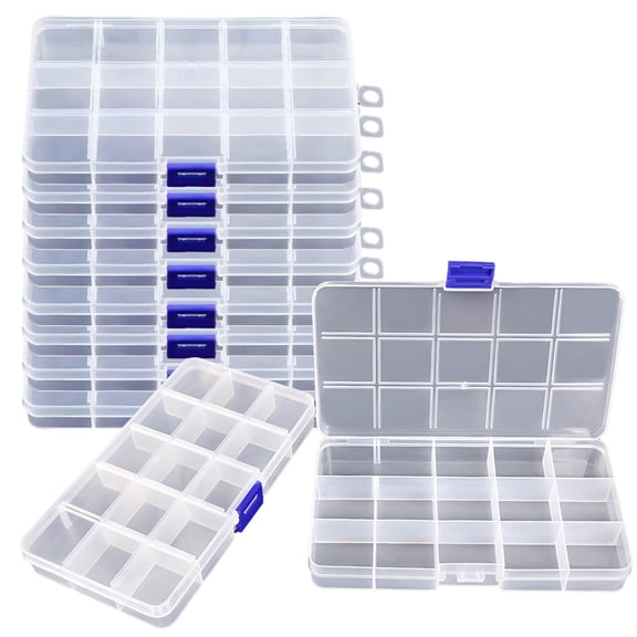 10 Pack Bead Storage Containers 15 Compartment Clear Plastic Organizer Boxes with Secure Latches, 6.8" x 3.9" x 0.9", for Jewelry, Sewing Supplies, Small Craft Parts