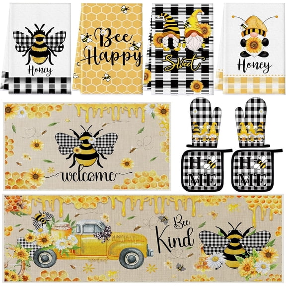 10 Pcs Bee Kitchen Decor Sunflower Oven Mitts and Pot Holders Set Bee Dish Towels Rugs Mats Buffalo Plaid Farmhouse Kitchen Accessories for Chef Baking Cooking Grilling BBQ Women Home Gift