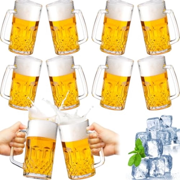 10 Pcs Beer Mugs with Handles 18 Ounce Clear Glass Beer Mugs Steins German Large Heavy Cups for Tea Coffee Root Floats Dishwasher and Refrigerator Safe Durable