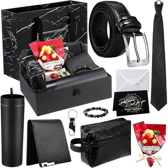 10 Pcs Birthday Gifts for Men: Christmas Men Gifts Basket Box Set - 16 oz Tumblers Wallet Tie Belt - Retirement Anniversary Thank You Present for Dad Husband Boyfriend Coworker(Chinese Red)