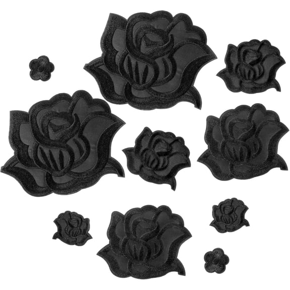 10 Pcs Black Iron on Rose Flower Patches for Clothes, Fabric Repair Sewwing Embroidered Flower Patches with 5 Sizes Cool Applique Patches for Jacket Jeans Sweater Hats Shoes Bags Designs