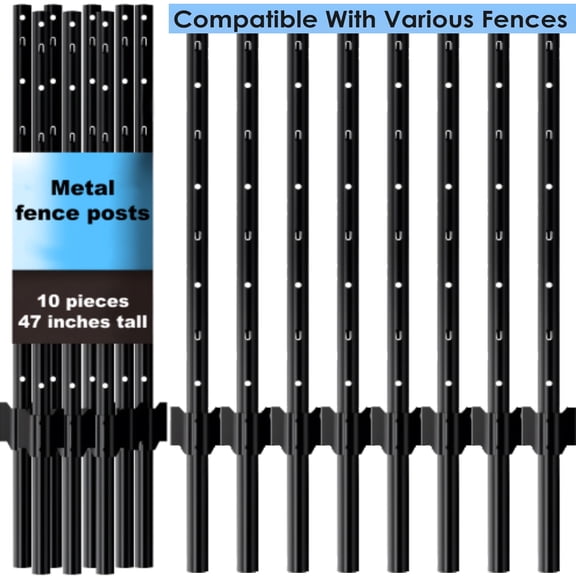 10 Pcs Black Metal Fence Posts 4 Feet Heavy Duty Metal Fence Stakes No-Dig U Post Corner Anchors for Outdoor Garden Yards,Lawns ,Farm Fence Supports