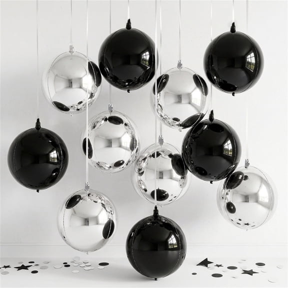 10 Pcs Black Silver Round Foil Balloons, Xinshengli 22inch 4D Metallic Silver Black Balloons, Large Round Foil Ball Balloon for Birthday Graduation Christmas New Year Eve Party Backdrop Decor