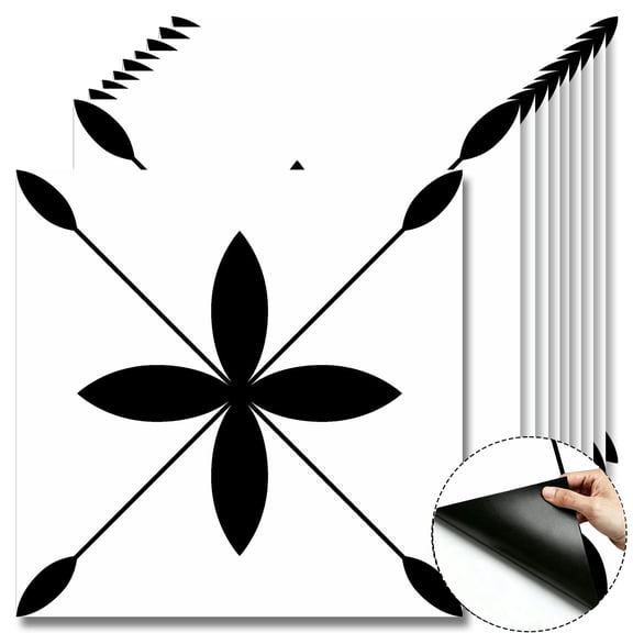 10 Pcs Black Symmetric Floral Peel and Stick Floor Tiles, 12x12 In Covers 10 Sq.Ft, Self-Adhesive DIY Vinyl Flooring, Removable Waterproof, Ideal for Kitchen, Bathroom, Bedroom, Home Walls