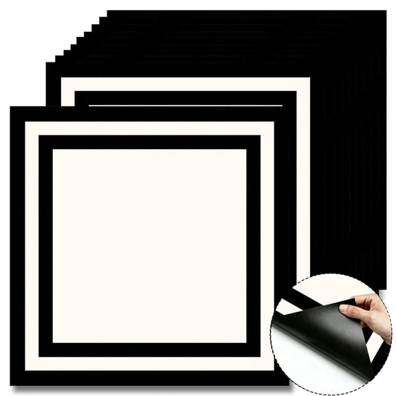 10 Pcs Black White Double Border Peel and Stick Floor Tiles, 12x12 In Covers 10 Sq.Ft, Self-Adhesive DIY Vinyl Flooring, Removable Waterproof, Ideal for Kitchen, Bathroom, Bedroom, Home Walls