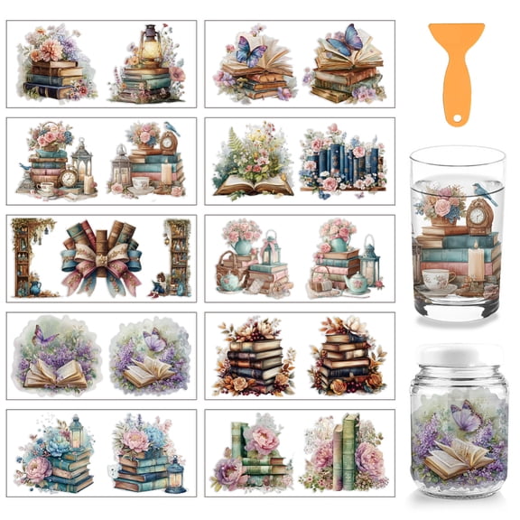 10 Pcs Books Theme Cup Printing UV Transfer Papers 10 Styles Books Butterfly Flowers PVC DIY Heat Transfer Stickers