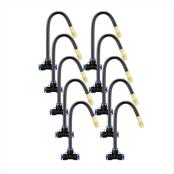 10 Pcs Brass Misting Nozzles Tee with 8 Inch Built in Hose 360 Degree Rotation Adjustable Water Mister Nozzles