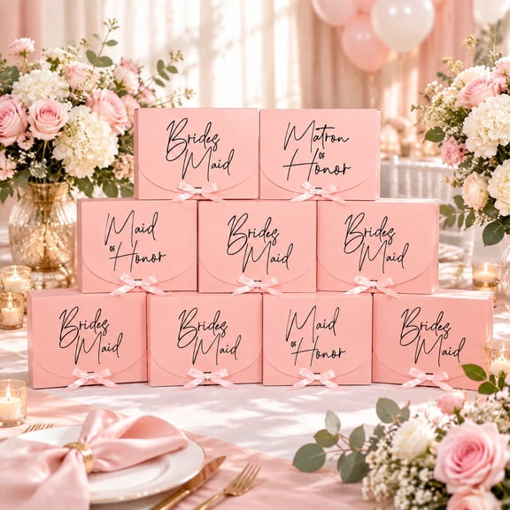 10 Pcs Bridesmaid Gift Boxes with Lids, Pink Wedding Proposal Boxes for Bridal Party Gifts, Ribbon Decorated