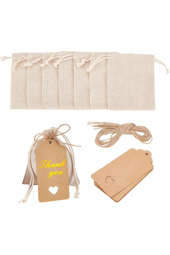 10 Pcs Burlap Drawstring Gift Bags 4.33.7" Beige Burlap Packing Pouches Jewelry Pouches Gift Wrapping Bags with Kraft Gift Tags Jute Cord for Christmas Wedding Party Favors
