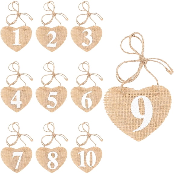 10 Pcs Burlap Table Number Tags Heart Shape Wedding 1-10 Table Numbers Signs Vintage Rustic Wine Hanging Card Banner with Ropes for Wedding Home Decoration Party Valentines Day Gift Beige