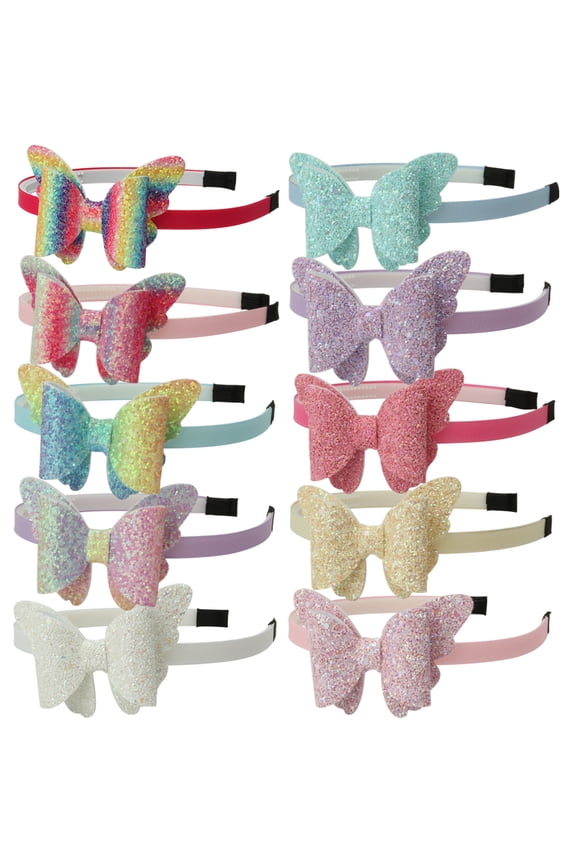 10 Pcs Butterfly Bow Headabands For Toddlers,Glitter Rainbow Head Bands For Kids Girls