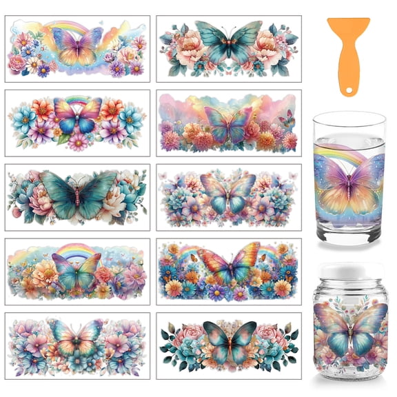 10 Pcs Butterfly Theme Cup Printing UV Transfer Papers 10 Styles Butterfly Rainbow Flowers PVC DIY Heat Transfer Stickers