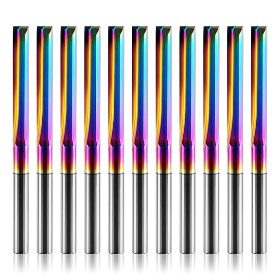 10 Pcs CNC Straight Router Bits 1/8 inch Shank, 2-Flute Carbide Straight Milling Cutter with DLC Coating, 22mm CEL/45mm OAL, CNC Milling Cutting for MDF, PVC, Acrylic, Chipboard & Woodworking