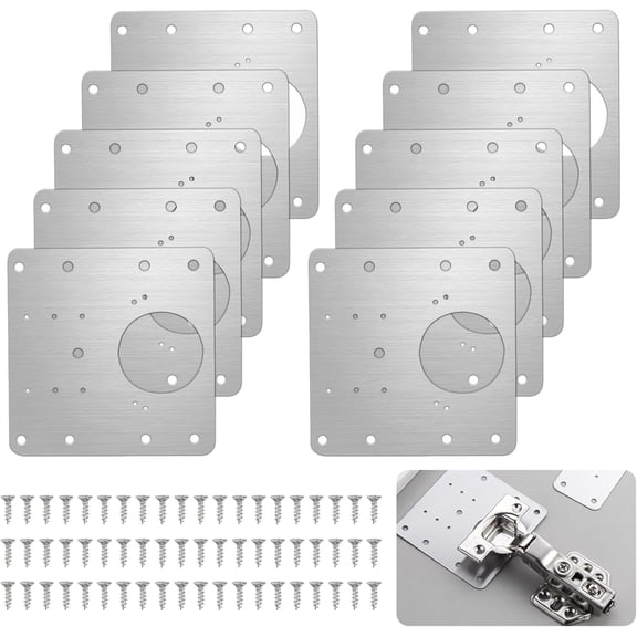 10 Pcs Cabinet Door Hinges, Cabinet Hinge Repair Plate Kit Stainless Steel Door Hinge Mounting Plate with 60 Screws, Heavy Duty Cabinets Fix Board for Kitchen Furniture Drawer Window