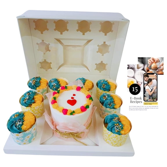 10 Pcs Cake and Cupcake Combo Bento Boxes with Clear Lid and 8 Cupcake Holes Plus 15 Free Baking Recipes, Cake And Cupcake Boxes, Pastry Sweets Bento Box, Cake Cupcake Combo Box (8 Cupcakes with Cake)