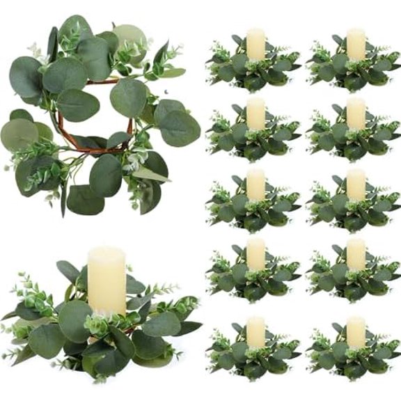 10 Pcs Candle Rings Eucalyptus Wreath, 9.8 Inch Green Artificial Eucalyptus Leaves Wreaths Candle Wreath Rings for Wedding Home Door Window Wall Tabletop Indoor Wreaths Decorating