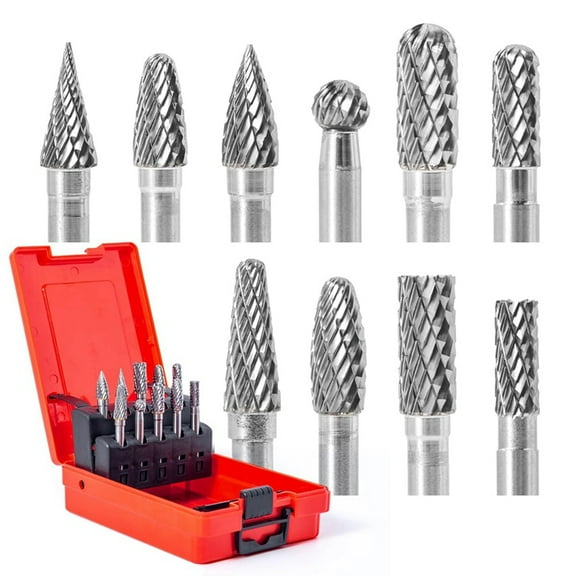10 Pcs Carbide Burr Set 1/4 Inch Shank, Double Cutting Burr for Milling, Carving, Engraving, Deburring, Drilling Wood