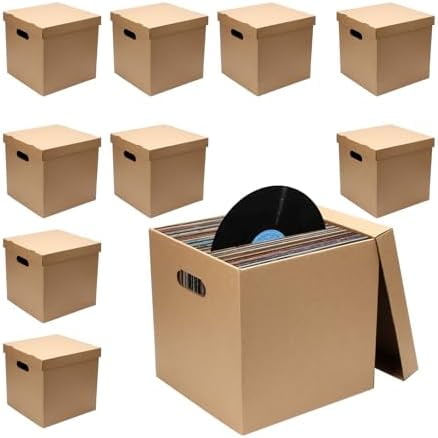 10 Pcs Cardboard Vinyl Record Storage Box, Stackable Moving Box with Handles and Lids, Sturdy Cardboard Crate Vinyl ​Record Crate for Storing Album Document File Folder Organizer