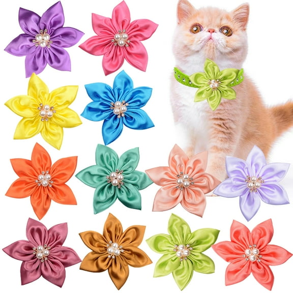 10 Pcs Cat Dog Flower Collar Accessory, Multi-Color Pet Collar Flower with Pearl Soft Chiffon Dog Bow Tie Charms Flower for Cat Puppy Collar Grooming Accessories(Mix Colors)