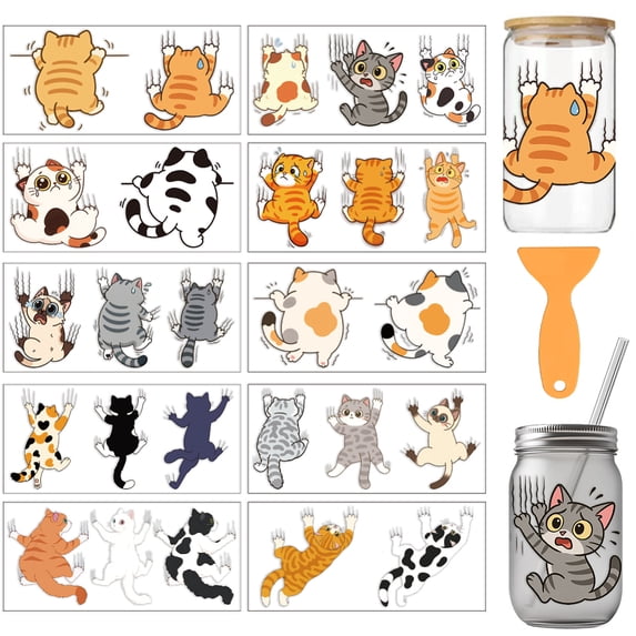 10 Pcs Cats with Different Coat Patterns Cup Printing UV Transfer Papers 10 Styles Cat Climbing Walls Cats Falling PVC DIY Heat Transfer Stickers