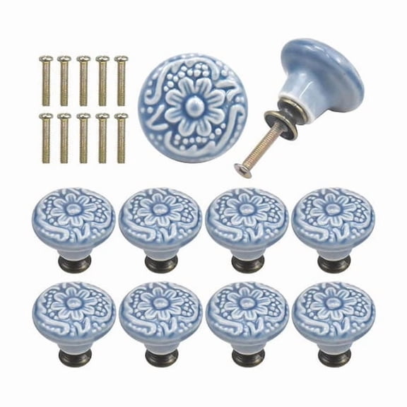 10 Pcs Ceramic Drawer Knobs Vintage Engraving Round Furniture Door Handle with Screws Blue