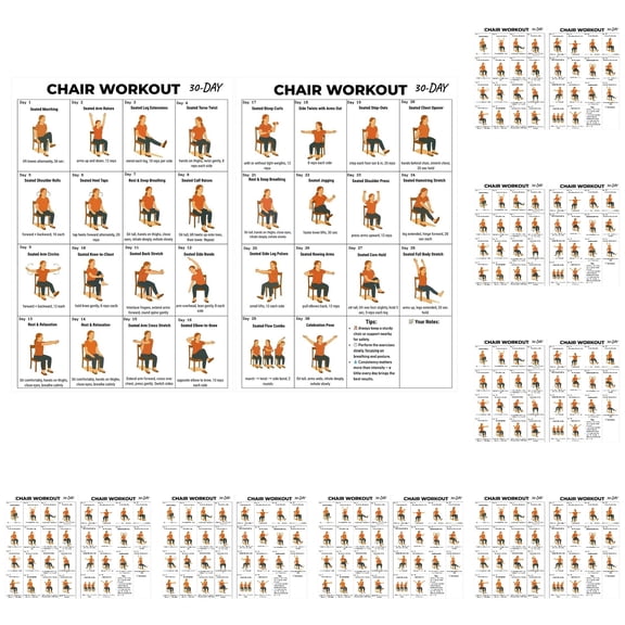 10 Pcs Chair & Wall Yoga Poster Set for Seniors & Beginners – Large Exercise Charts with Writable Workout Log – Low Impact Home Fitness, Style C